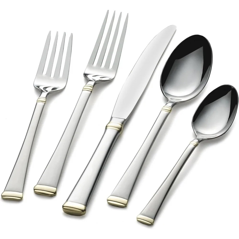 

Gold Accent Harmony Flatware Set For 12, 65 Piece 18/10 Stainless Steel Silverware With Gold-trimmed Handles And Serving Utensi