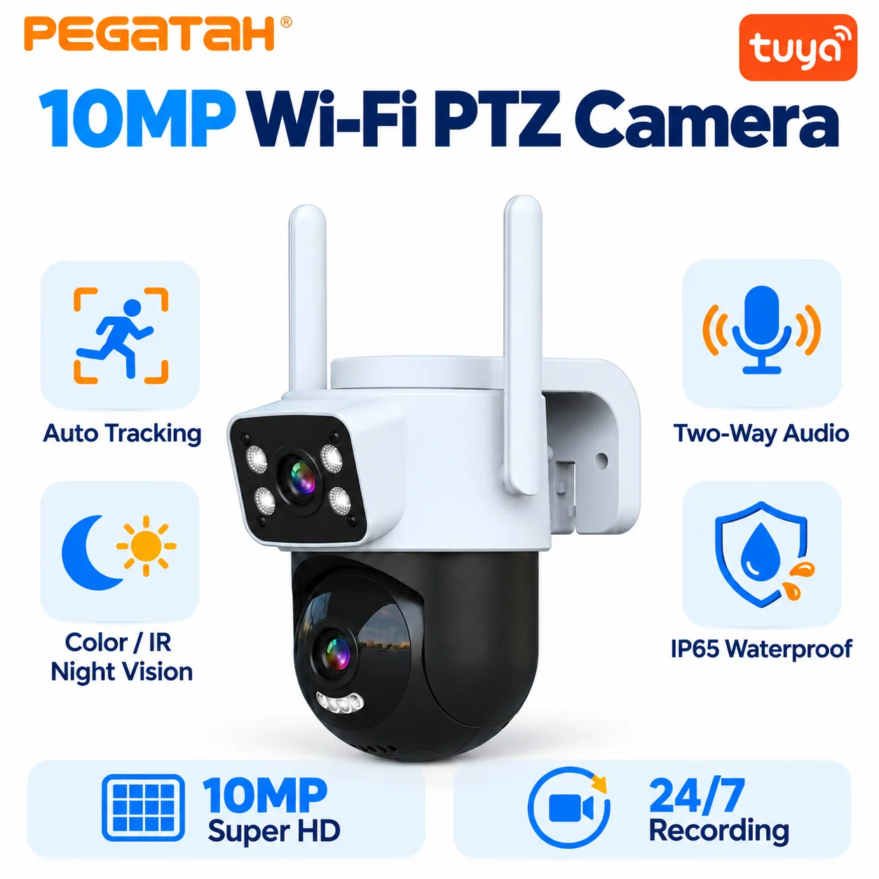PEGATAH 10MP Outdoor WiFi Camera 4K HD Dual Lens Security PTZ Camera Auto Tracking Night Vision Surveillance IP Cam ONVIF Tuya