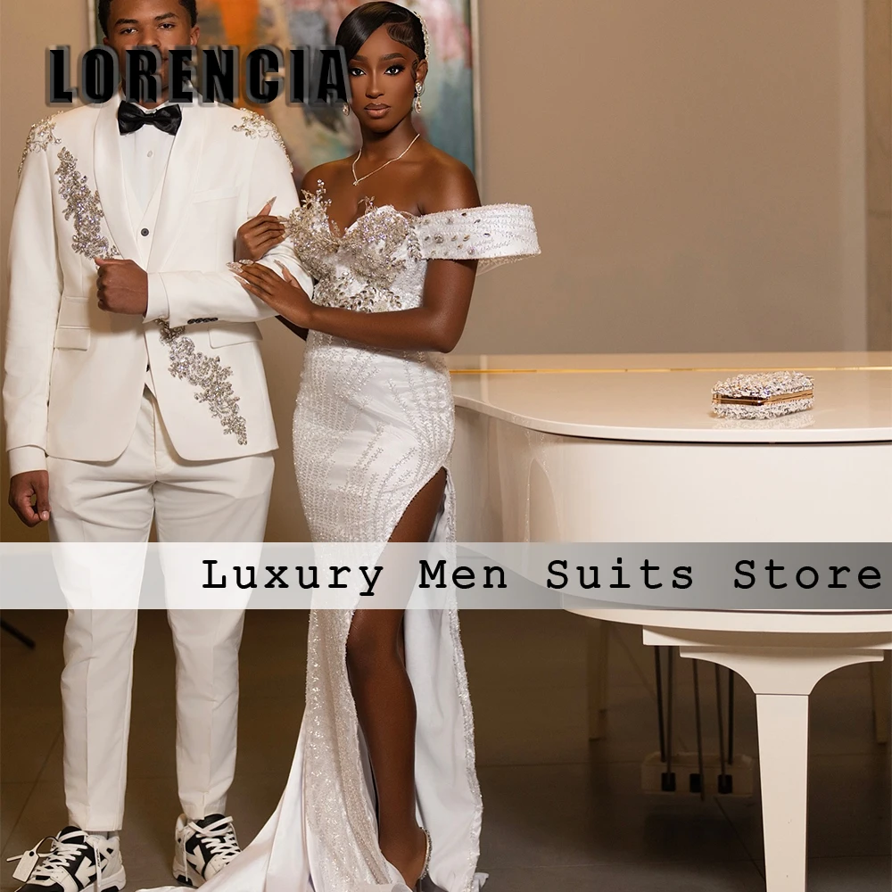 

Elegant 3 Pieces Sets Men Suits Crystal Applique Tuxedos Wedding Groom Customized Blazer Pants Vest jaqueta masculina couro