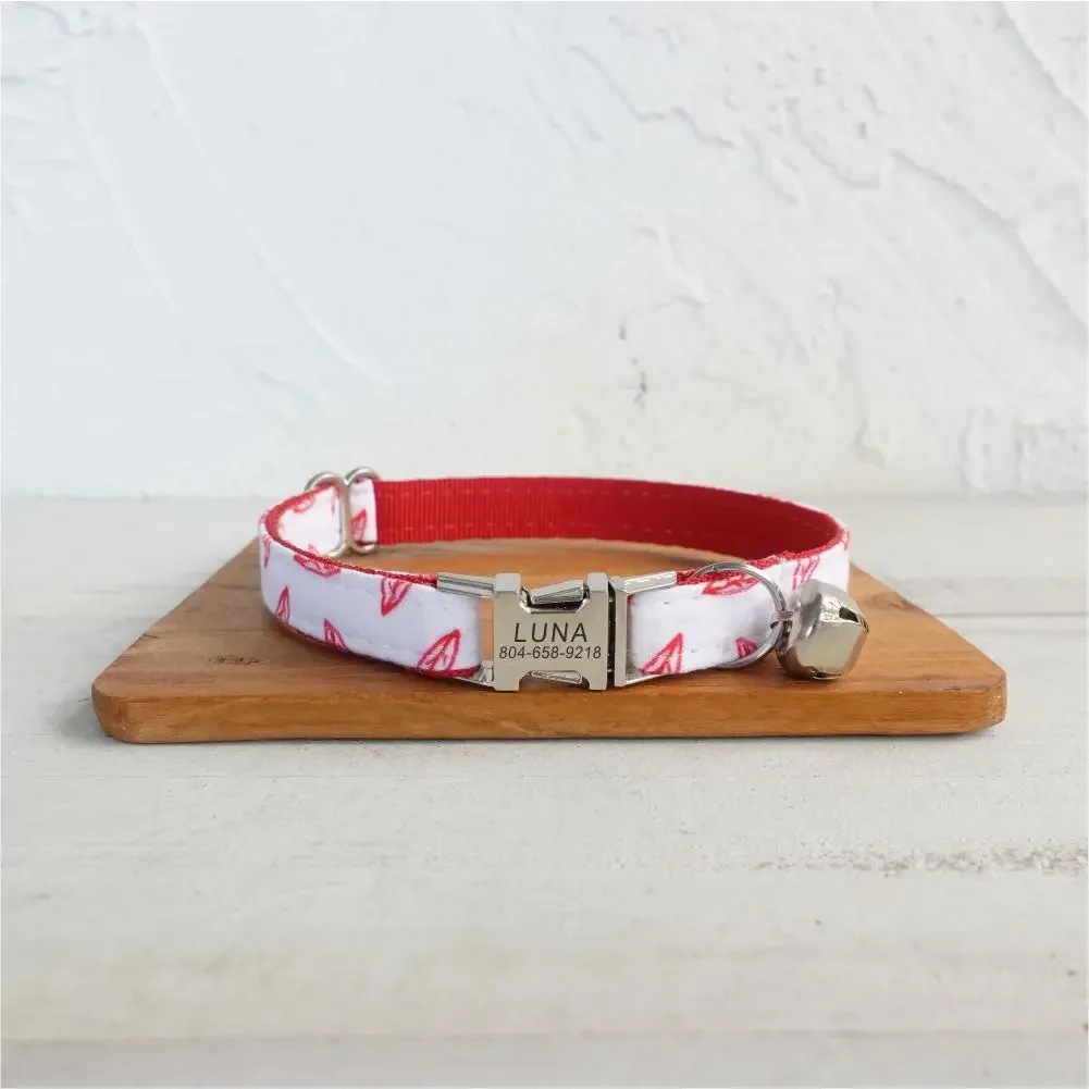 Personalized Cat Collar with Free Engraving, Matching Pet Leash,Customzied Contacts Metal Buckle,Red Leafs Pet Collar