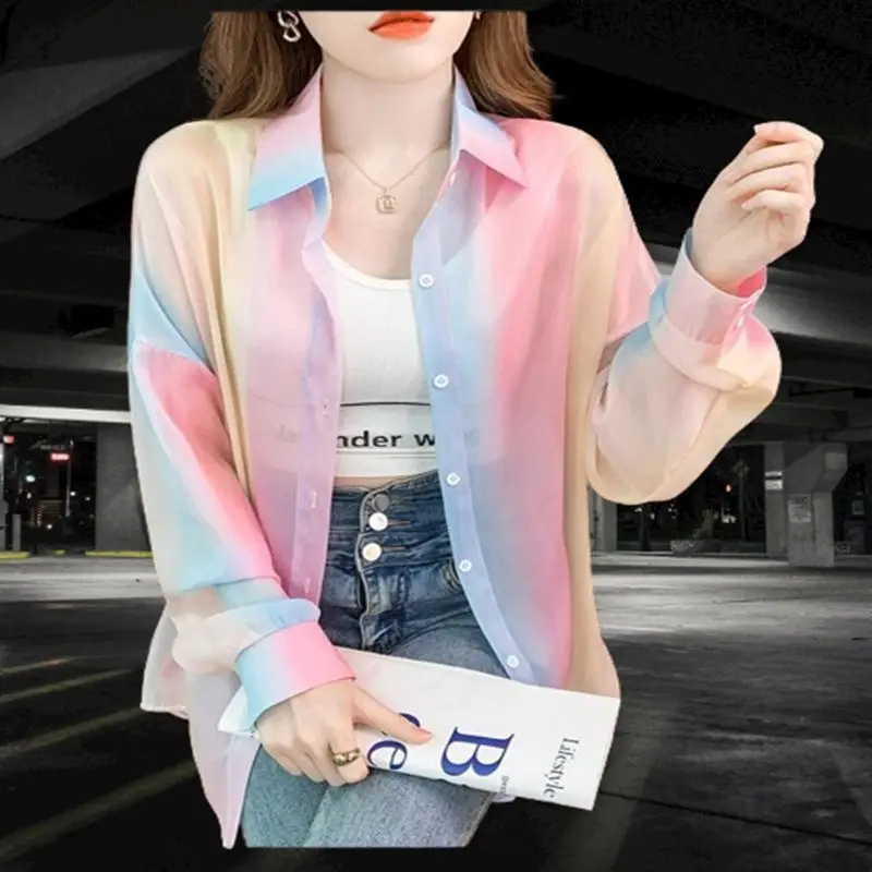 Fashionable Super Fairy Long Sleeved Rainbow Sunscreen Chiffon Shirt for Women\'s Summer New Loose Thin Outer Air Conditioned Top