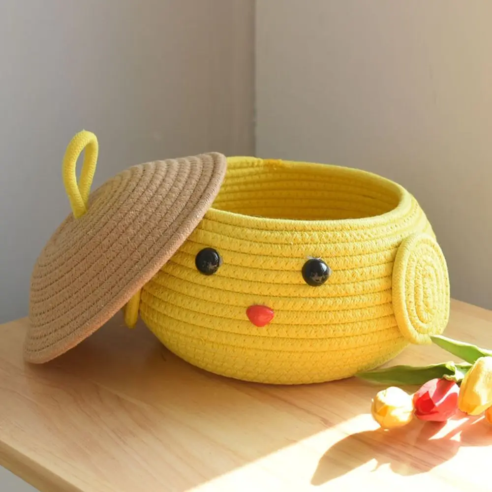 

Cute Desktop Storage Box Handmade Woven Sorting Storage Basket Large Capacity with Cover Organizing Basket Cosmetics