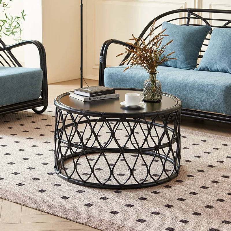 Nordic Wabi-Sabi Full Rattan Round Table – Minimalist Coffee & Side Table for Home, B&B & Hotel