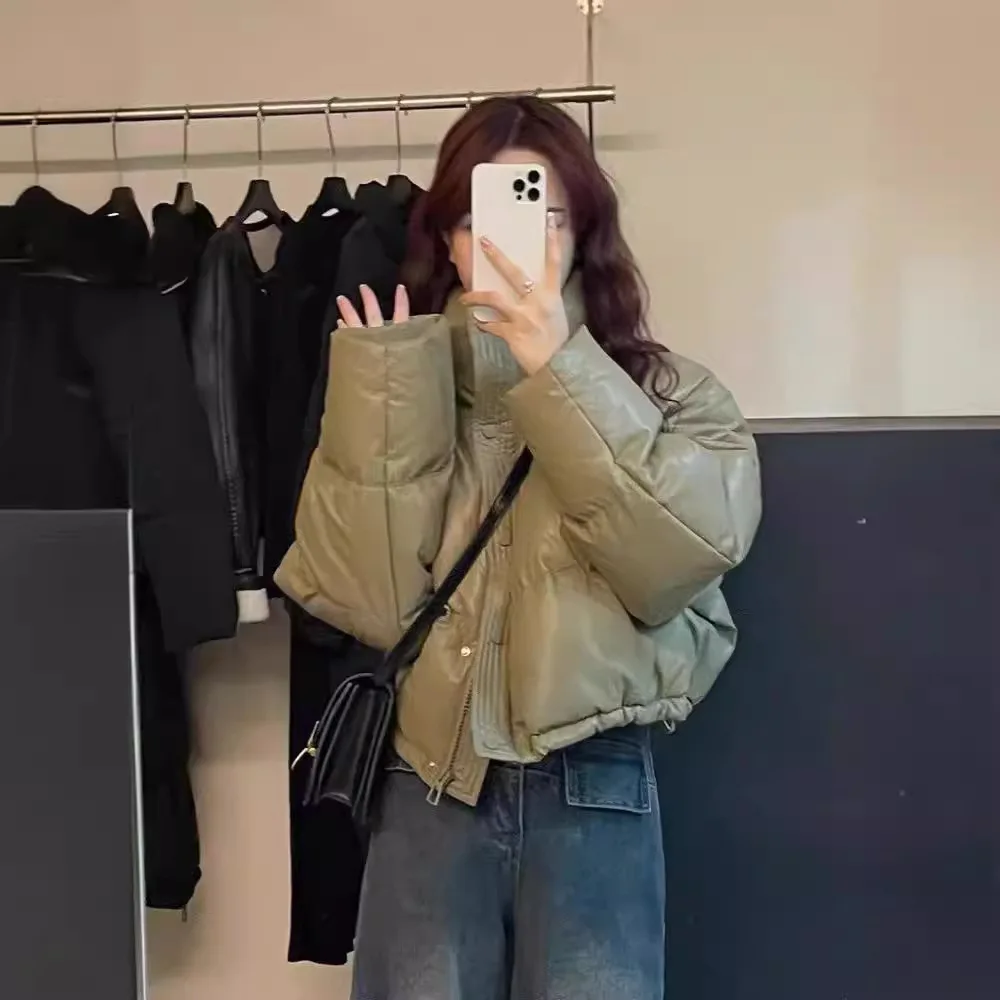 

New Korean Women White PU Jacket Polyester cotton Jacket with Hood Autumn Winter Loose Casual Short Thick Outwear Female Coats