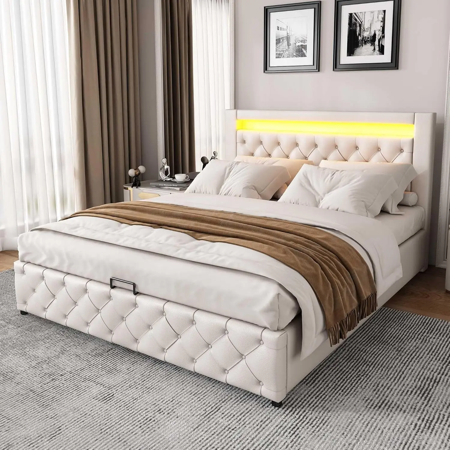 Upholstered Bed, Functional Bed with Slatted Frame and Storage Space LED Lighting in PU (White & 150x200cm)