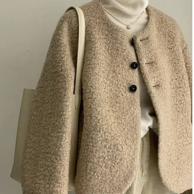 

Chic Soft Fluffy Lamb Fur Short Coat Women's Autumn Winter Fashion Commute Style Loose Fit Long Sleeve Button up No Hat