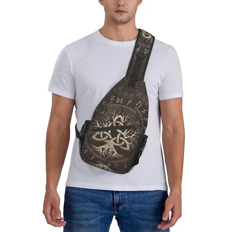 Tree Of Life With Triquetra Brown Leather Crossbody Sling Backpack Men Viking Norse Yggdrasil Shoulder Chest Bags for Hiking