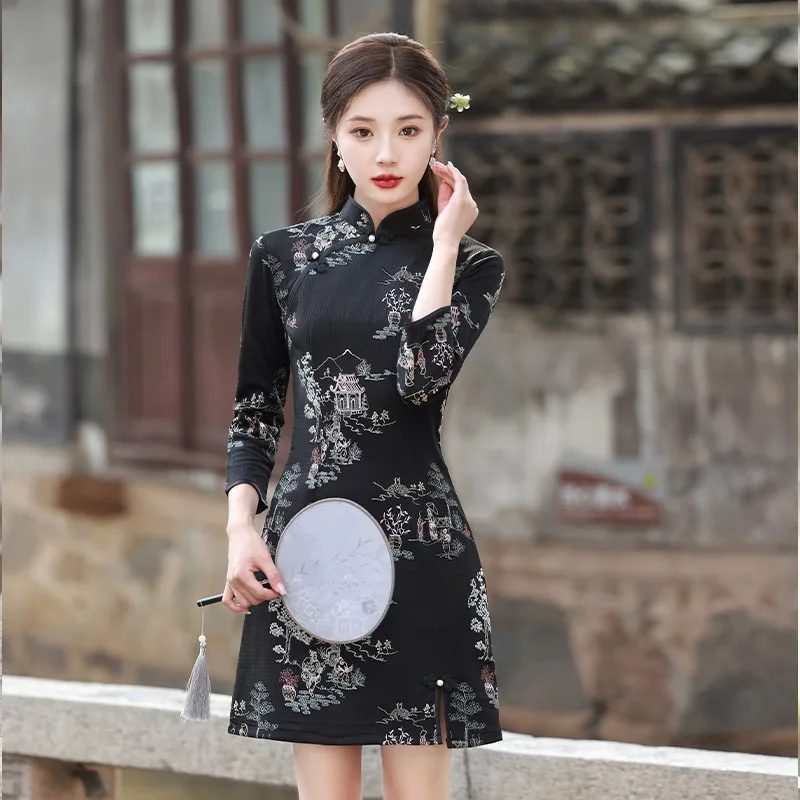 Chinese Short Qipao Women Mandarin Collar Nine Points Sleeve Cheongsam Elegant Daily Dress