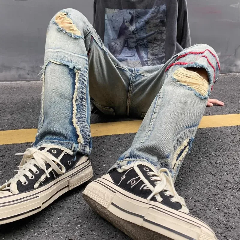 Torn Male Cowboy Pants Broken Ripped Trousers Korean Fashion Casual Luxury Grunge Y2k 2025 Xs Embroidery Men's Jeans with Holes