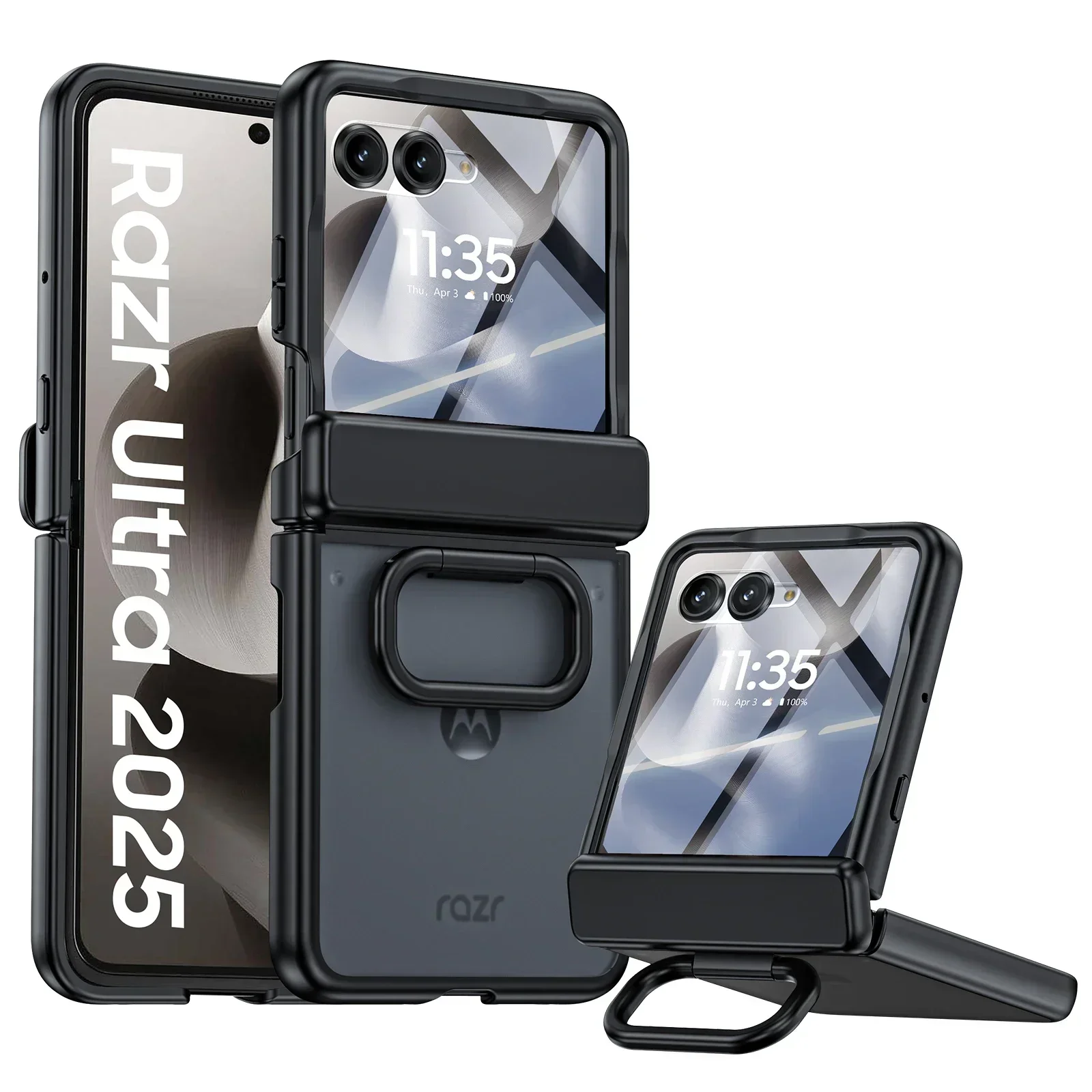 

for Motorola Razr Ultra 2025 Phone Case with Kickstand,Hinge Protection,Screen Protector,Matte PC Shockproof Phone Case-Black