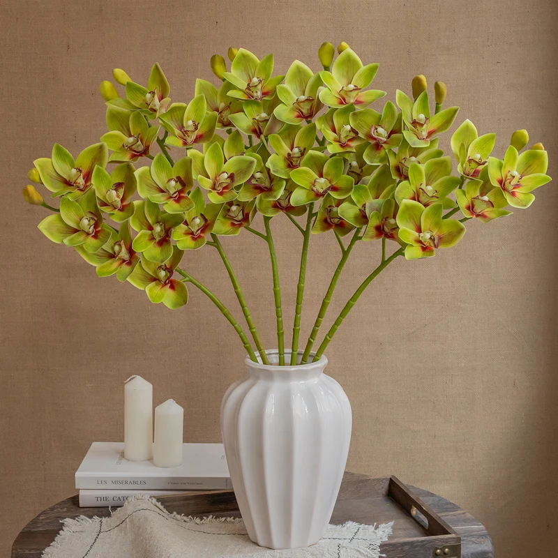 1 unidad, nueva flor artificial de 6 cabezas Long Branch Huilan, decoración de lujo para el hogar, sala de estar, arte floral de escritorio.