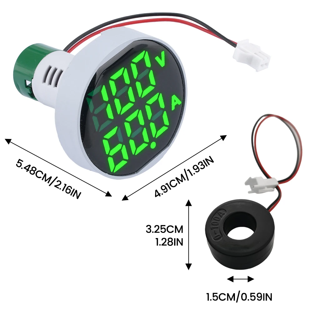 49mm AC 60-500V 0-100A Round Square Digital Voltmeter Ammeter Meter Amp Volt Voltage Tester Dual LED Indicator