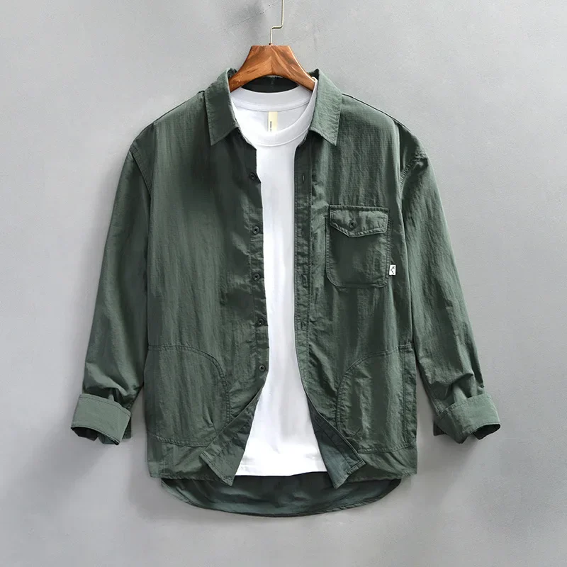 

Винтажная рубашка-карго в японском стиле, мужская весна-лето, новые мужские рубашки с длинным рукавом, повседневная зеленая рубашка с несколькими карманами, молодежные свободные топы