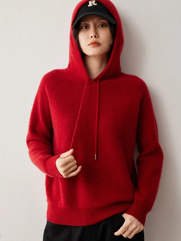 Women Drawstring Hoodie Threaded Sweater 100% Cashmere Pullover Raglan Sleeve Casual Knitwear Autumn Winter Striped Clothing Top