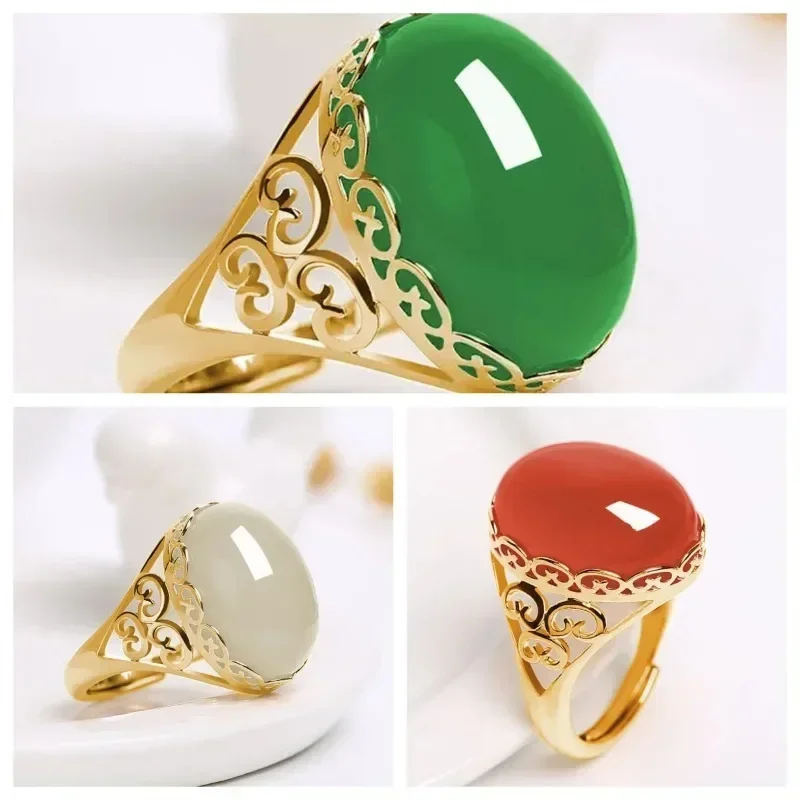 Unisex RingsEthnic Style Imitation Green Chalcedony Ring Temperament Opening Imitation Agate Color Treasure