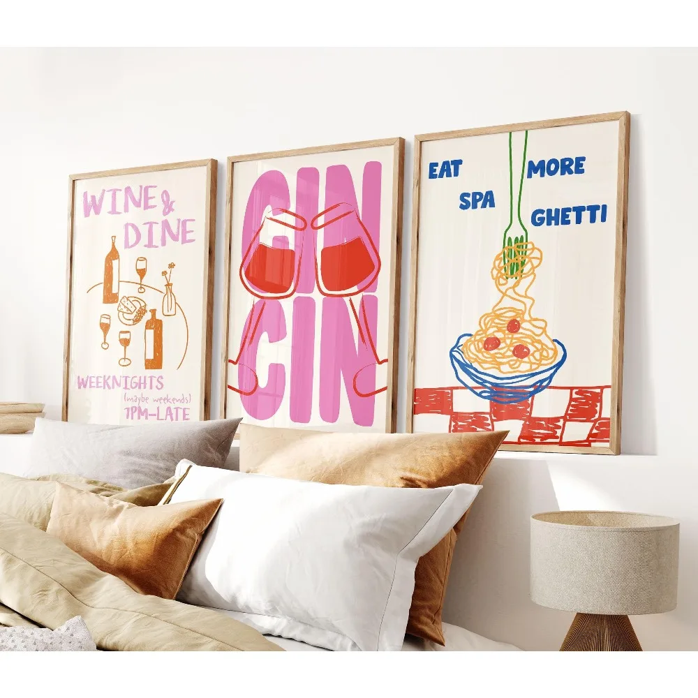 3 sin marco, impresiones de felicidades de Cin Cin a la moda, más carteles de pasta, impresiones de texto en mí cuando el queso, arte de pared de galería de cocina, decoración del hogar