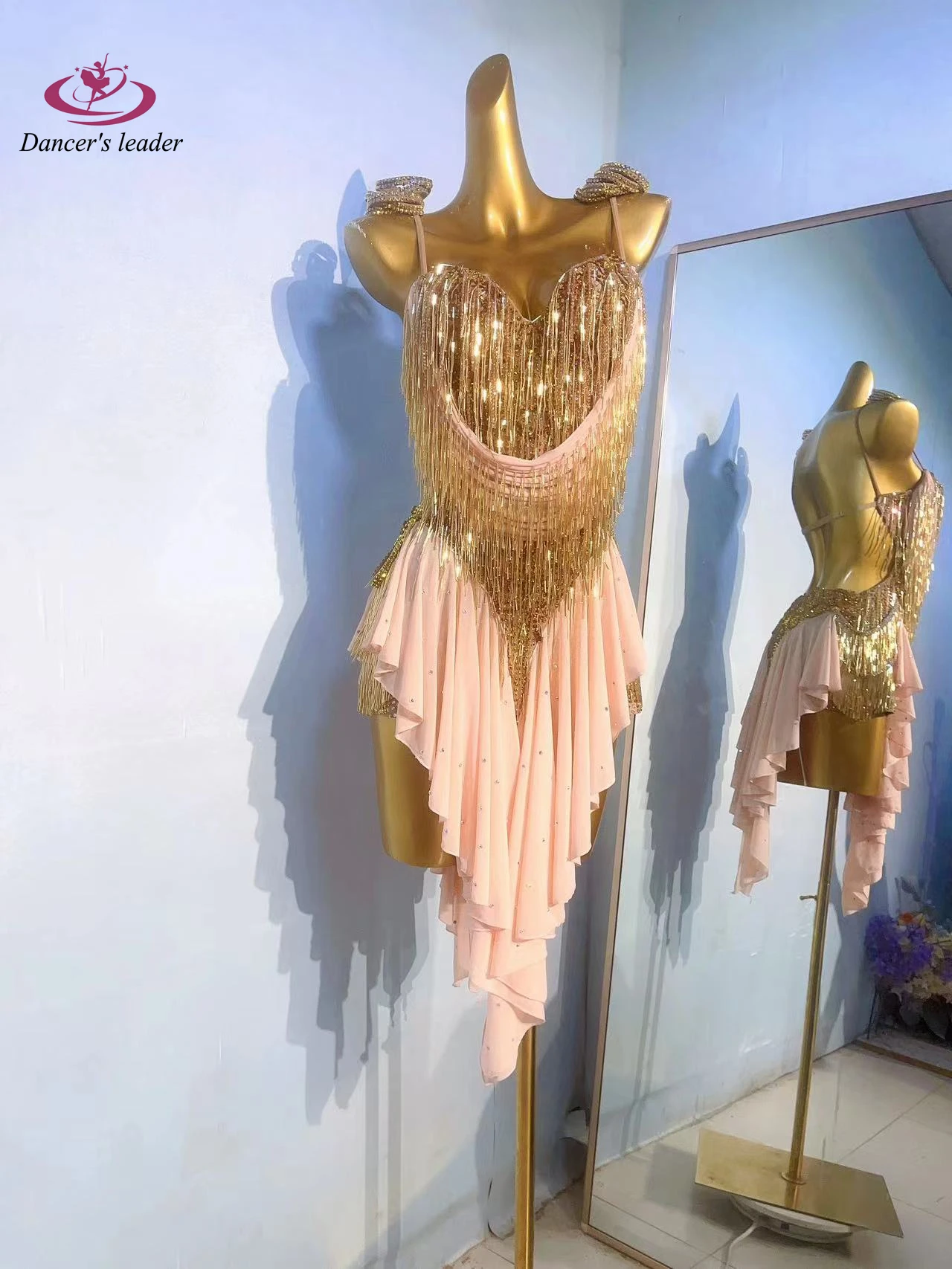 Latin danswedstrijd dames high-end op maat gemaakte gouden kraal buis plooirok Samba prestaties strass kledingjurk