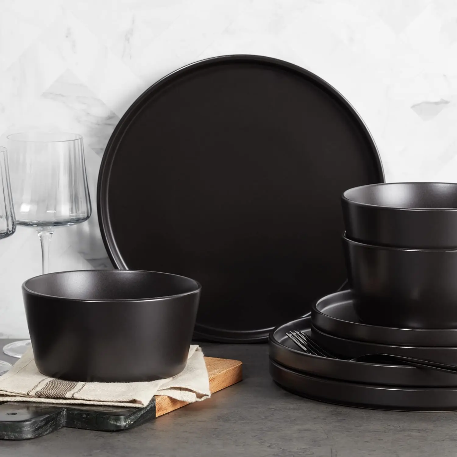 Coupe Dinnerware Set, Service For 4, Black Matte