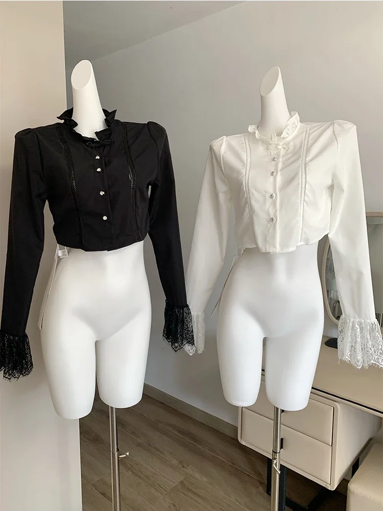 Autumn Women French Vintage Long Sleeve Crop Shirts Mori Girl Lace Blouses 2000s Aesthetic Stylish Old Money Design Mori Girl