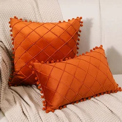30x50cm 45x45cm Velvet Throw Pillow Cover with Cute Pompom Orange Pleated Decorative Farmhouse Boho Pillowcase Cuscini Divano 방석