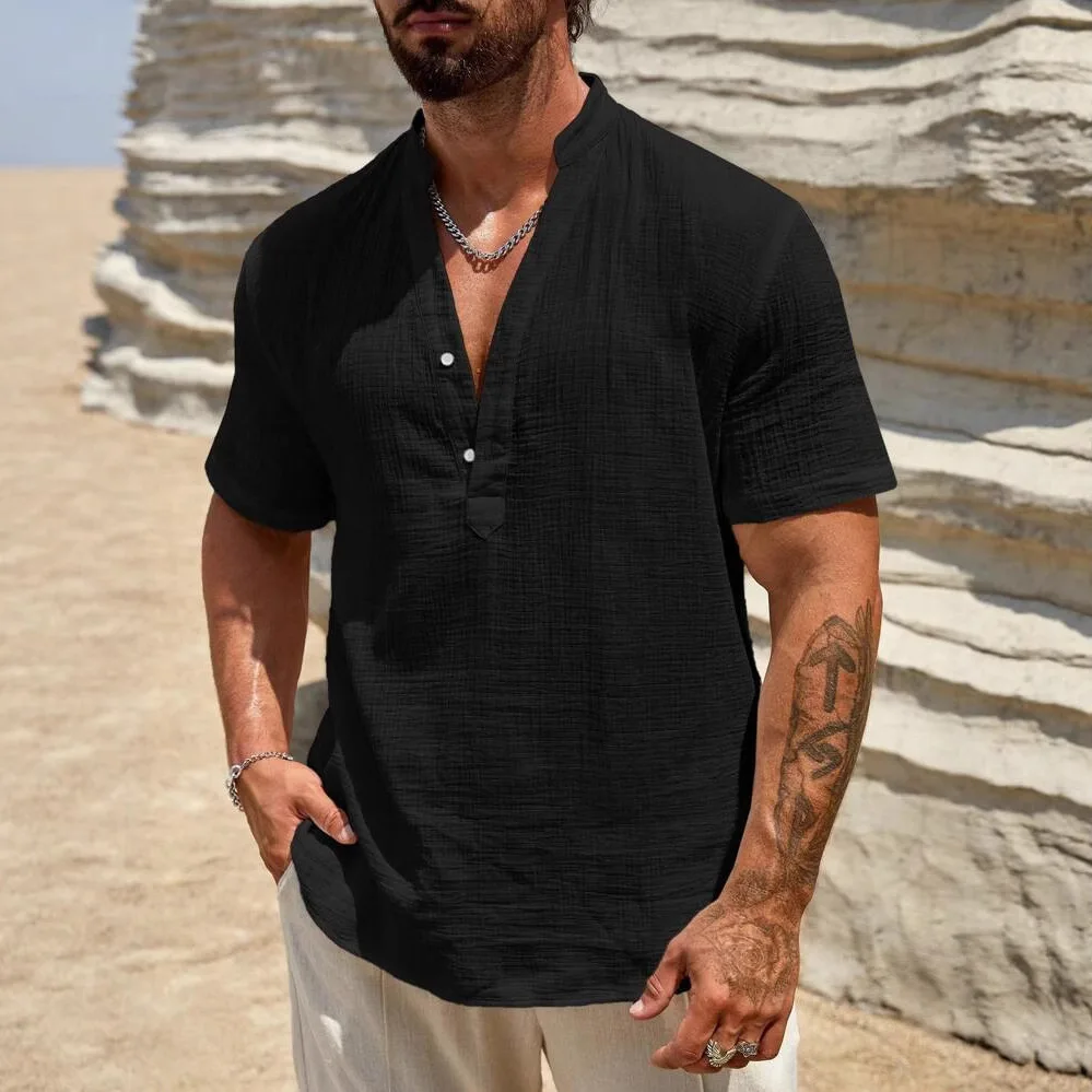 Camicia a maniche corte con colletto rialzato in tinta unita da uomo nuova Camicia a maniche corte casual da lavoro traspirante monostrato alla moda