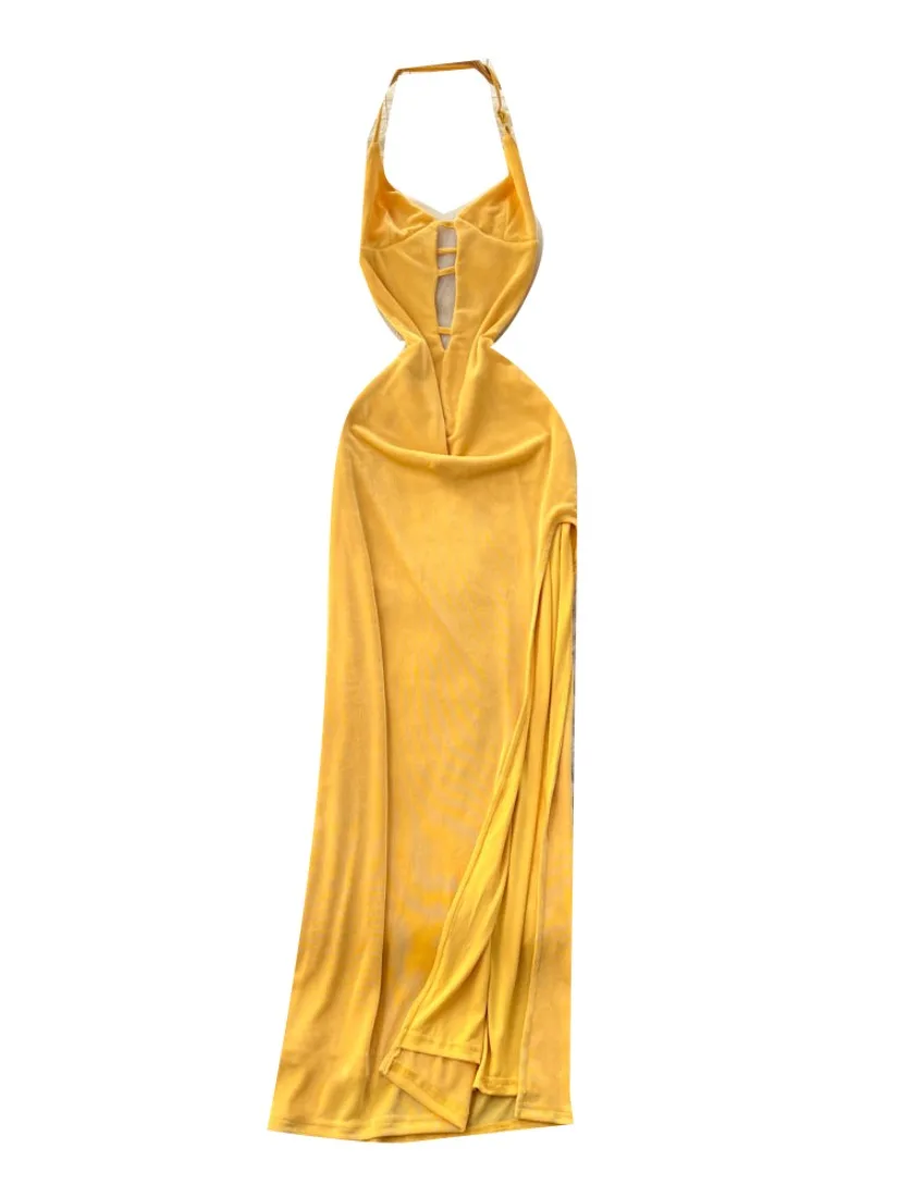 Foamlina Pure Desire Hot Girl Cutout Halter Strap Dress Women 2025 Summer European Design Bodycon High Split Slit Maxi Dress