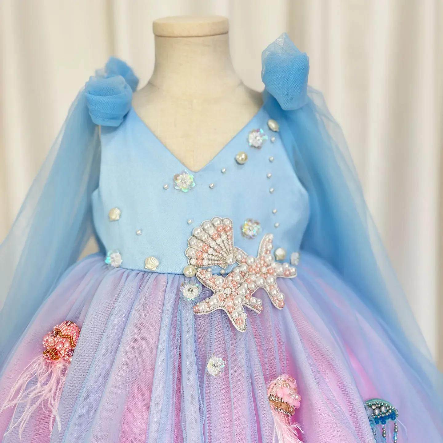 

Custom Luxury Blue Toddler Girl Dress Jellyfish V-Neck Knee Length for Kids Wedding 1st Birthday Holiday Party Gown