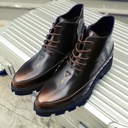 2026 Patent Leather Glossy High Top Pointy English Style Inside Heightening Men's Shoes Zipper Rivets Casual Leather Shoes,38-43