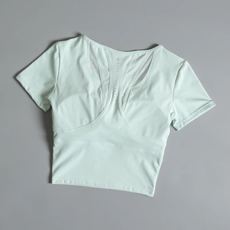 Yoga suit with chest pad for short-sleeved women's summer breathable running sports top professional fitness Pilates training