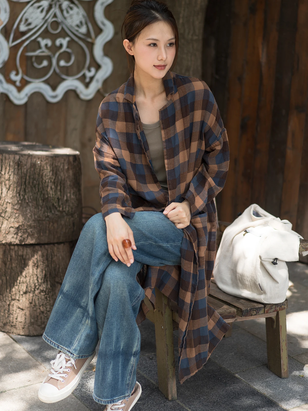 

Plaid Loose Fit Casual Women's Windbreaker Spring Autumn New Sle Artistic Slimming Open Cardigan Cotton Linen Blend