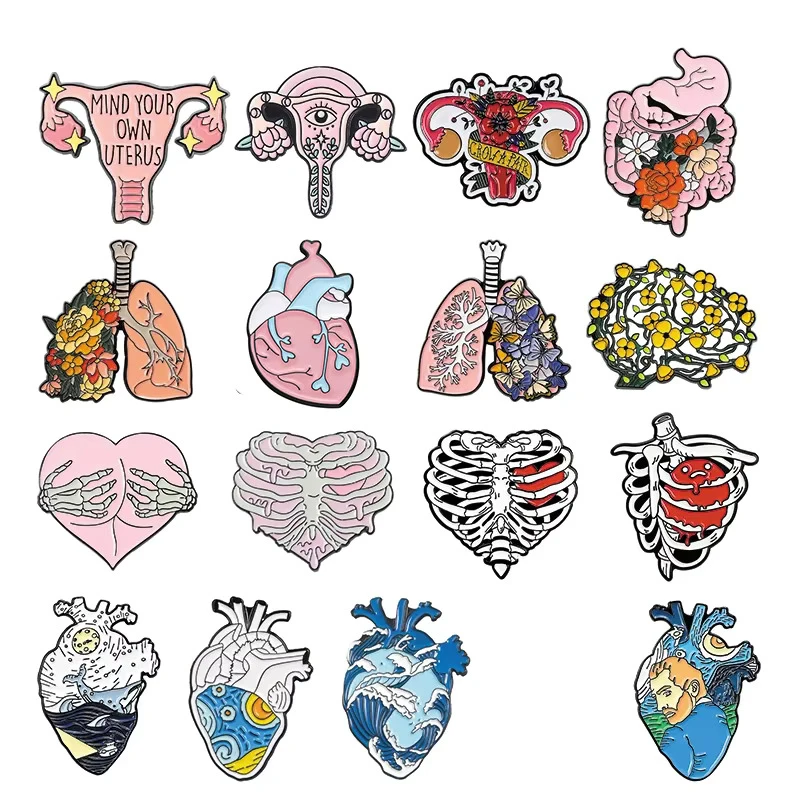 Viscera Enamel Pins Custom Heart Brain Lung Uterus Rib Cage Brooches Lapel Badges Organ Jewelry Gift for Students Friends