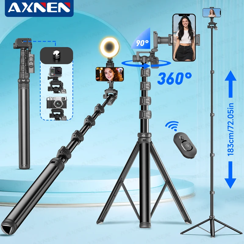 

AXNEN C06 Штатив для селфи-палки Подставка для мобильного телефона 1,83 м Регулируемый напольный держатель Винт 1/4 дюйма с пультом дистанционного управления для IPhone и Android