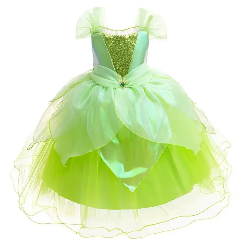 

Toddler Fairy Tale Tiana Princess Costume Green Elf Sequins Dress For Girls Carnival Halloween Birthday Party Angle Dress Up