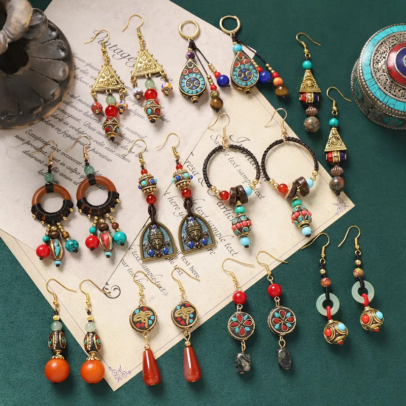 Original Design Nepalese Earrings for Women Retro Tibetan Ethnic Style Hand Made Long Tassel Jewelry Exotic Niche Earring Gifts