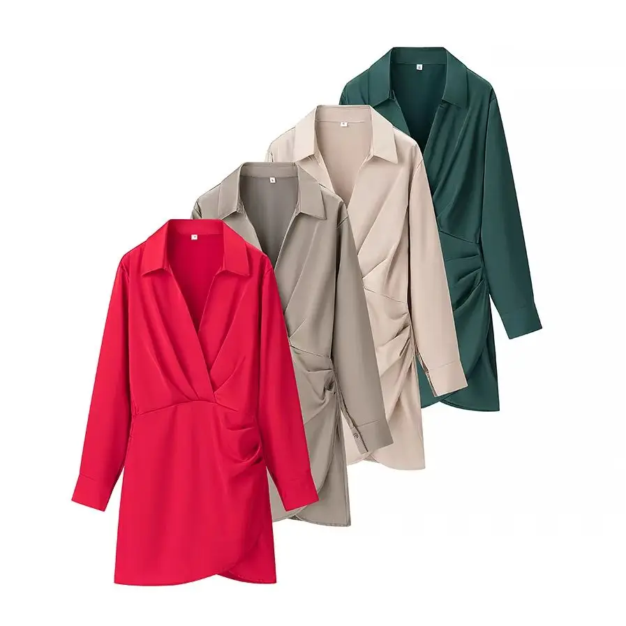 콘달라 시크 성숙한 출퇴근 여성 드레스 오피스 레이디 비대칭 플리츠 스플릿 미니 드레스 패션 2025 봄 캐주얼 시크 베스티도