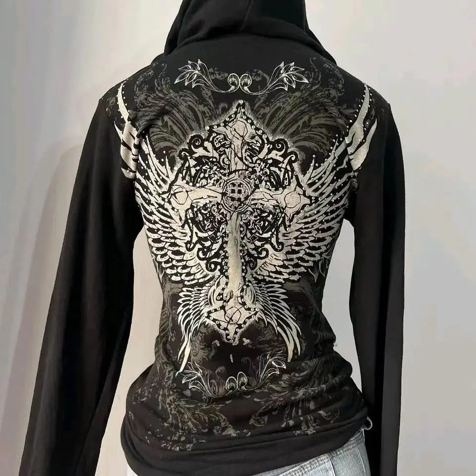 Harajuku Jacket Y2k Clothes Woman Rhinestone Wing Print Hoodies Grunge Gothic Vintage Punk 90s Slim Hot Girl Hooded Zip-up Emo