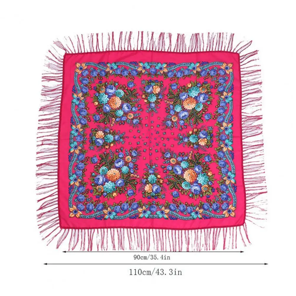 Russian Style Floral Print Square Scarf Women Ethnic Fringed Bandana Shawl Babushka Handkerchief Female Blanket Head Wraps