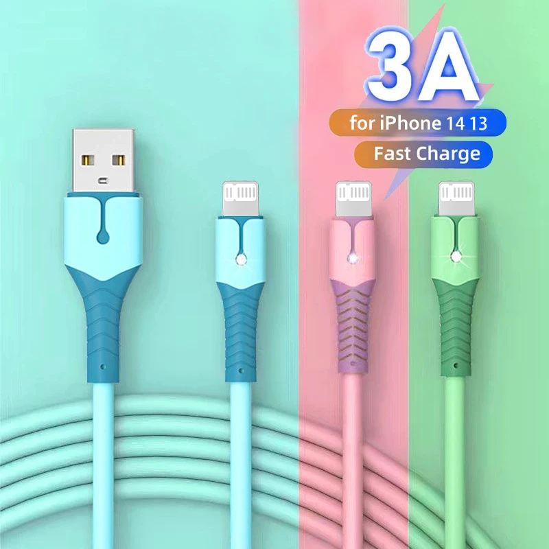 3A USB Cable For iPhone 14 13 12 11 Pro Max Mini XS X 6s 7 8 Plus iPad Liquid Silicone Fast Charging Cable Data Cable