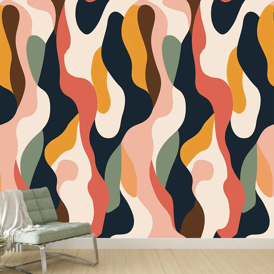 Nordic Retro Abstract Geometric Line Pattern Mural Wallpaper Wall Art Decor For Living Room Bedroom Hotel Office Coffee Shop