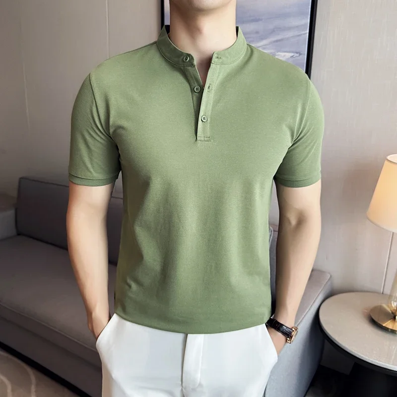 Men Chinese Standing Neck Polo Shirt 2024 Summer New Thin Solid Color Casual Short Sleeved Elastic Slim Fit T-shirt Men Clothing