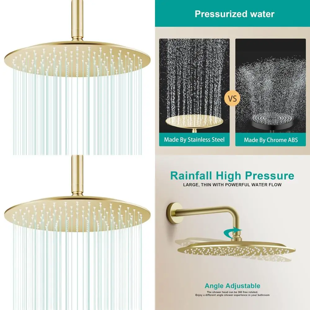 

12-inch Brushed Gold Heavy-Duty Stainless Steel Showerhead with Easy Install and Ultra-Thin Design for Bathrooms