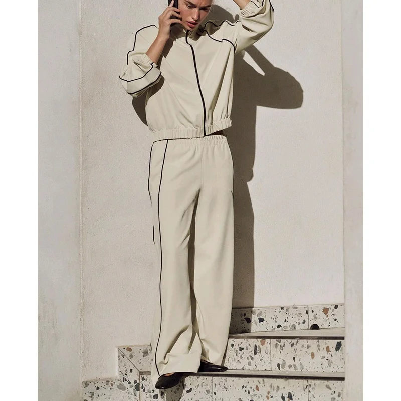 

Spring Wide Leg Casual Pants Jaet Outerwear Pilot Sle Color Blo Trim Spring Faion Women's Set Long Sve Stand Collar