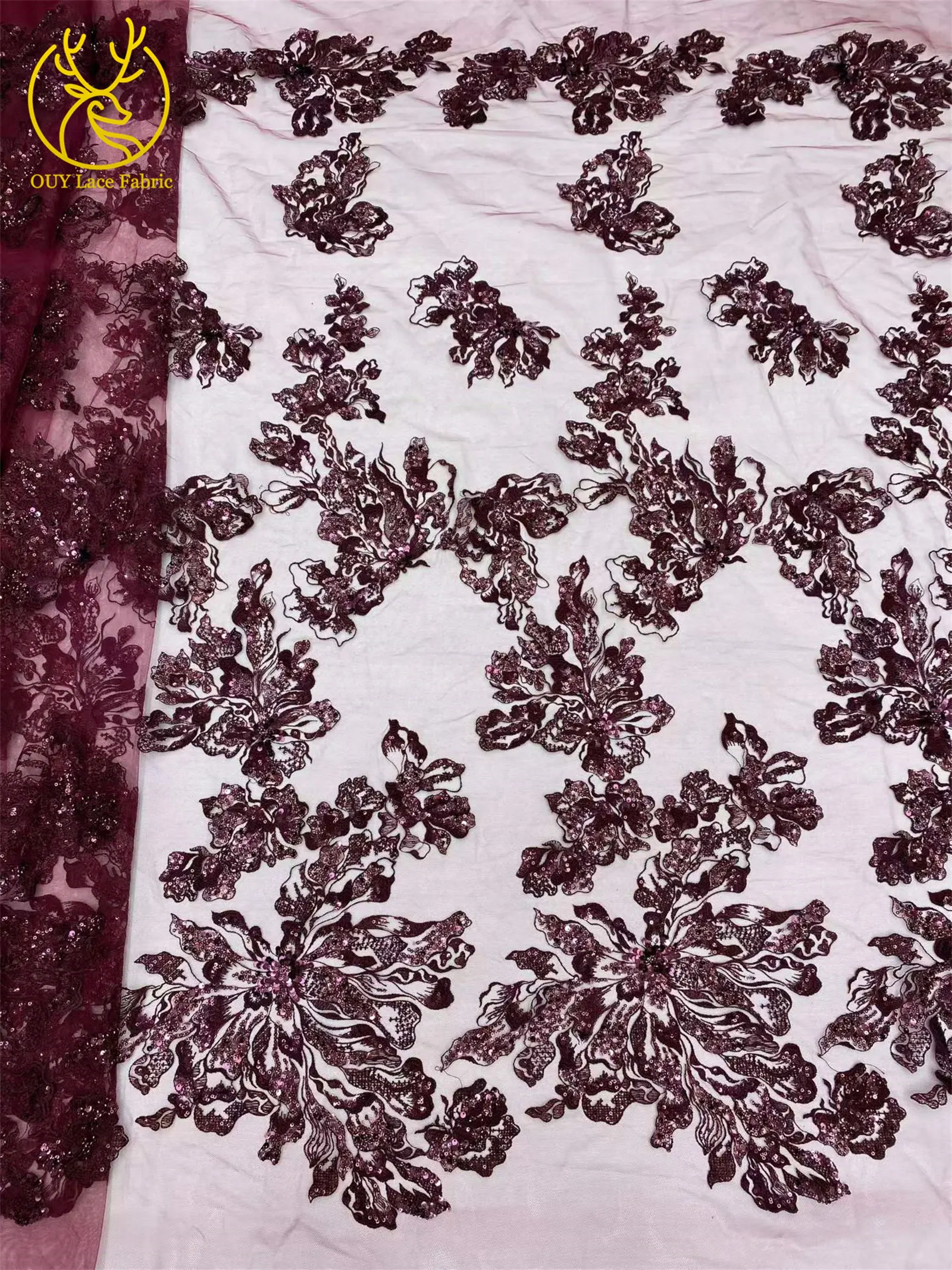 Roter Afrikanischer Bräutigam-Stickerei-Blumenspitzenstoff 2026 Hochwertiger Nigerianischer Pailletten-Perlen-Tüllstoff Hochzeitskleid-Stoff – Detail 9