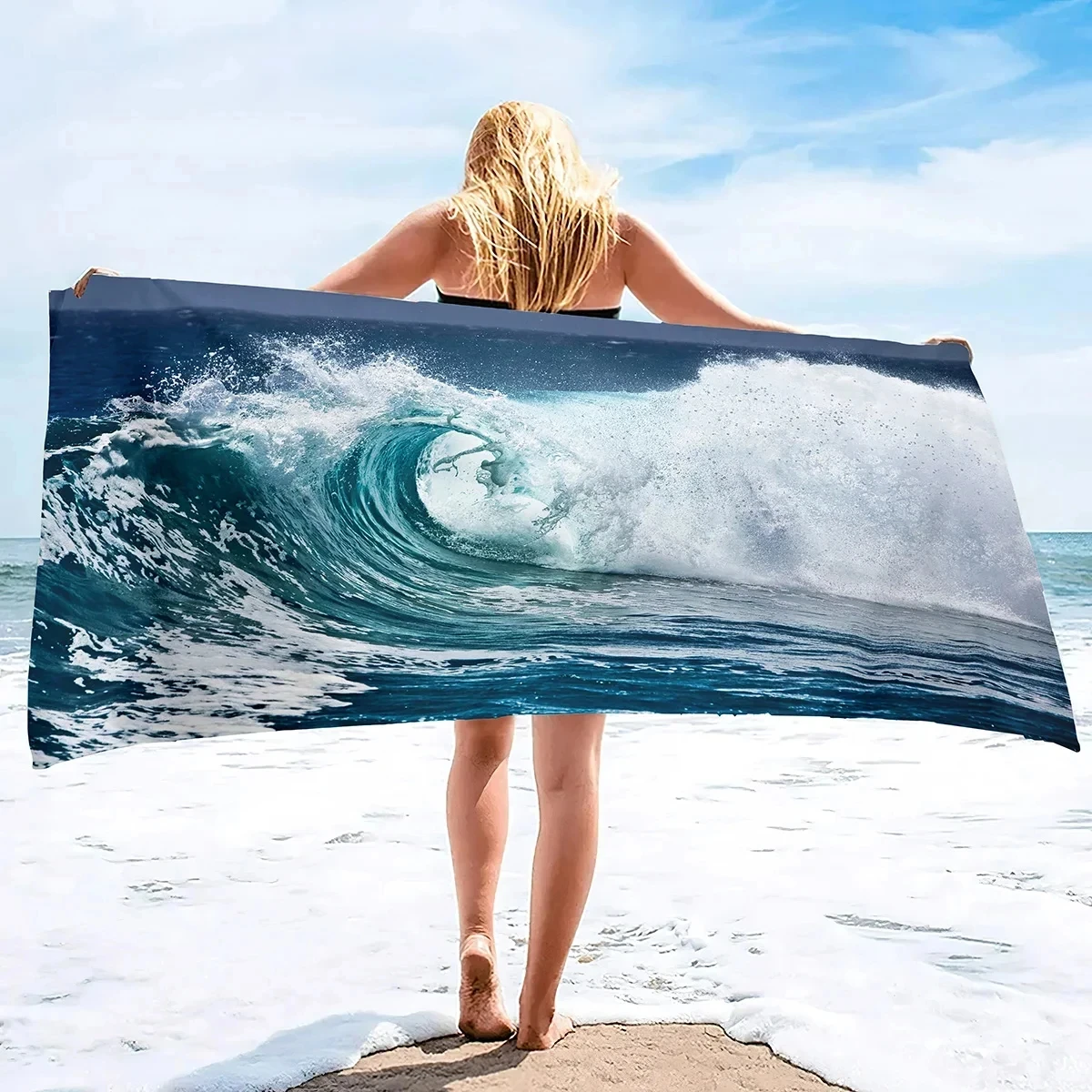 Oversized Wave Ocean Beach Towel Seaside Surfing Poncho Thin and Soft Quick Dry Blue Theme Towels Pool Swimming Travel Towels