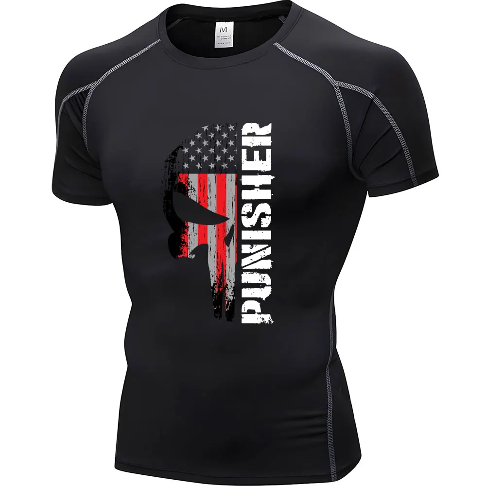 The Punisher Men Summer New Stretch Tight T-shirt Outdoor Leisure Jogging Fashion Fitness Top