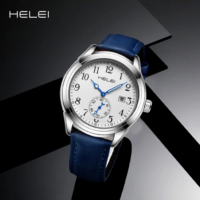 HELEI Fashion new sports casual quartz watch date genuine leather luminous strap men's wristwatch