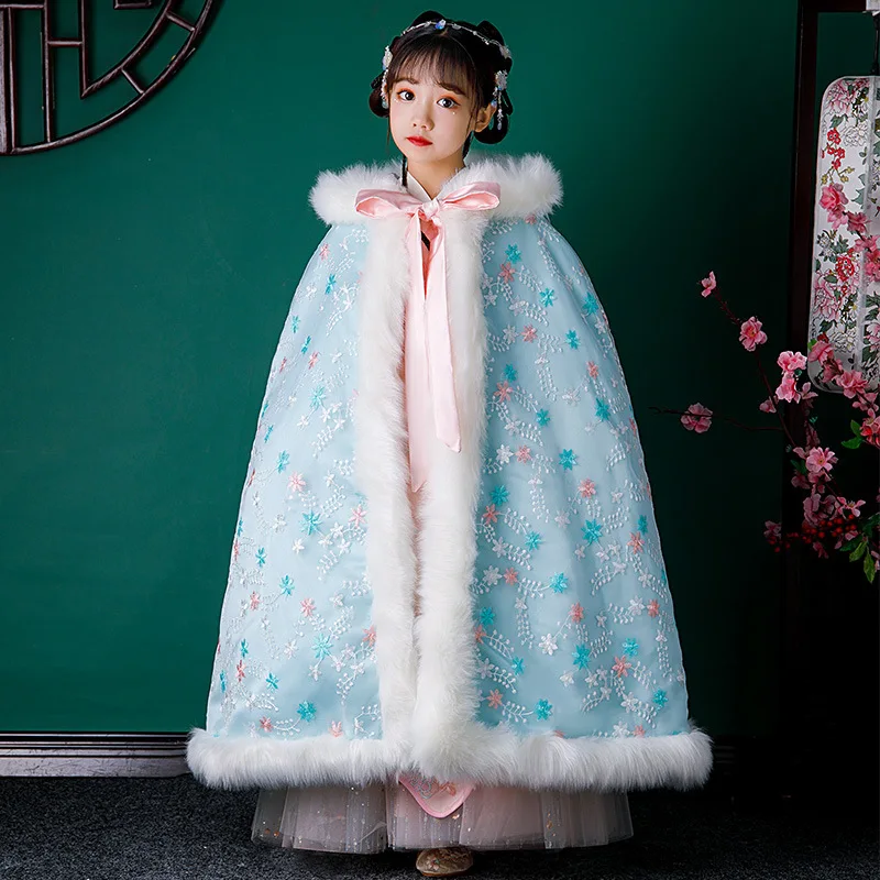 New Year's Wear Hanfu Quilted Hooded Girl's Warm Cape Winter New Embroidery Thicken Cloak Chinese Children Ancient Mantle Kids