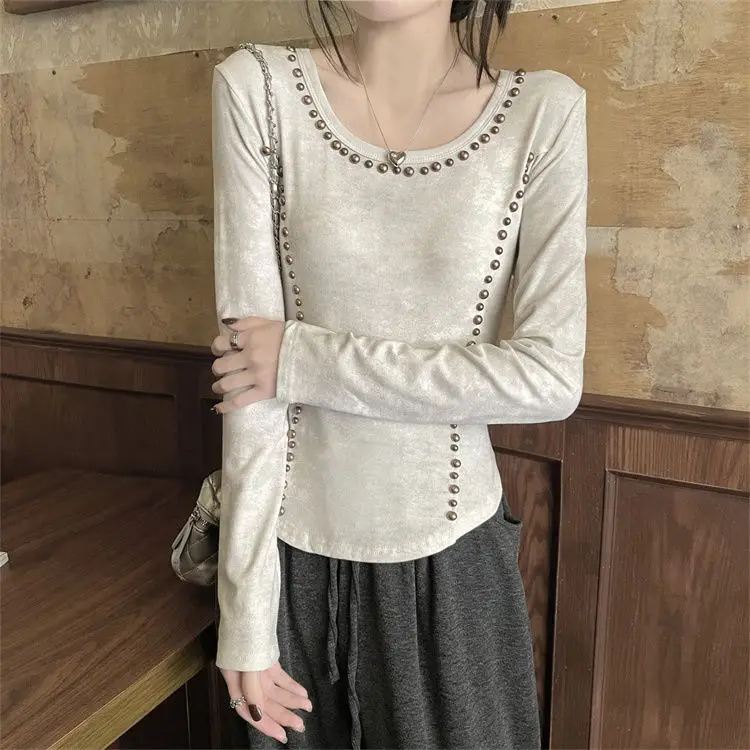 Sense Of Design Short T-Shirt Nail Bead Women High Street Spicy Girls Slim Fashion Long Sleeve All-Match Spring Chic Style New
