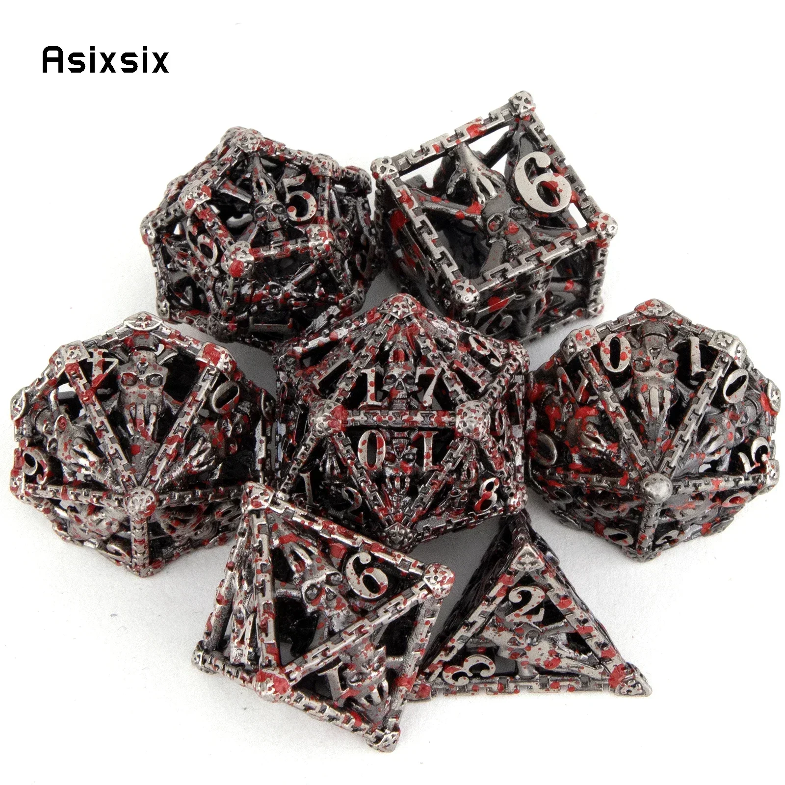 

7 Pcs Silver Red Hand Skull Head Metal Dice Hollow Metal Polyhedral Dice Set Suitable For Role-Playing Dice PropBoard Game Gift