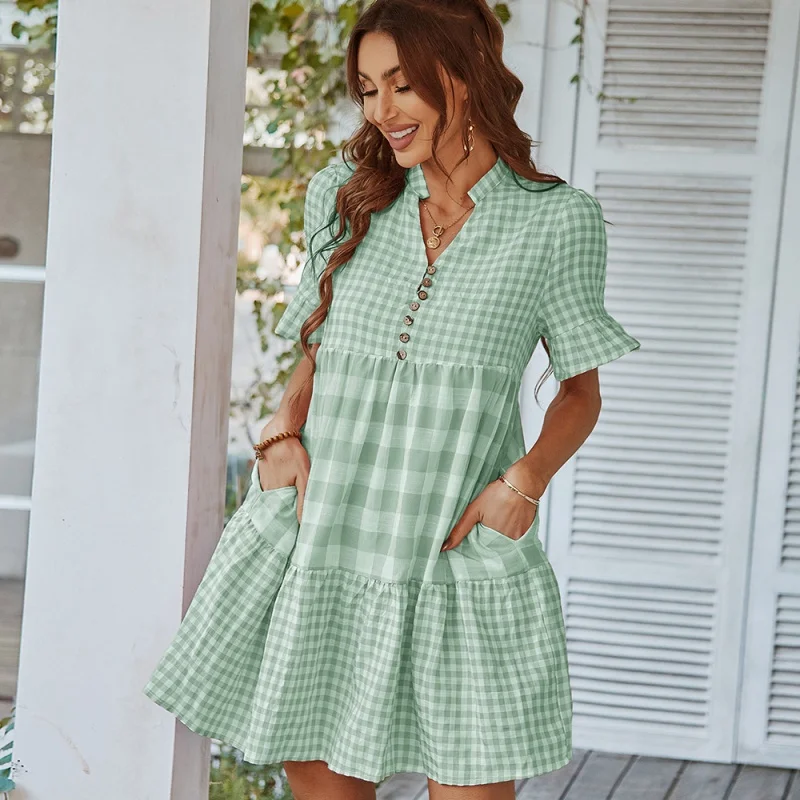 DY-Self-Designed and Designed Temperament Plaid Stitching Dress, Short Skirt, Spring and Summer, New